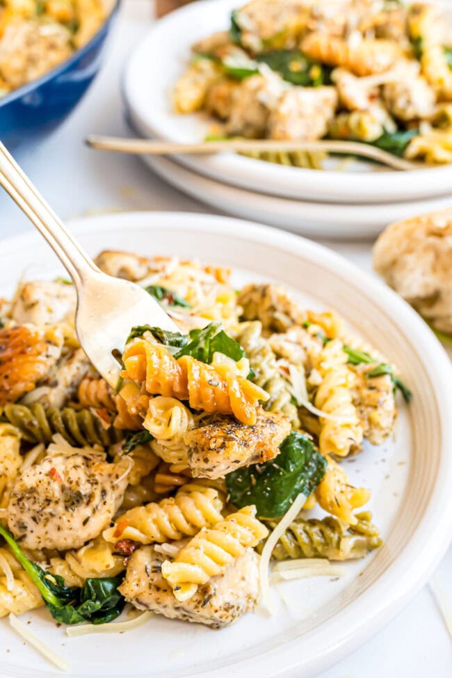 creamy garlic chicken pasta plated with a fork