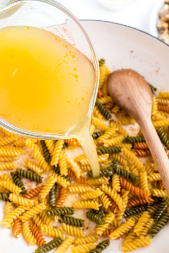 creamy garlic chicken pasta cooked in broth