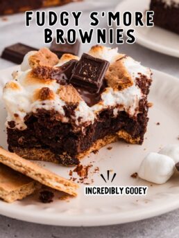 s’mores brownie with gooey chocolate center, toasted marshmallow topping, and graham cracker crust on a plate