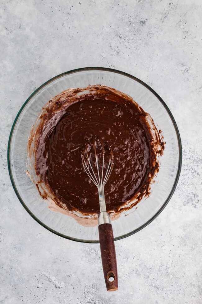brownie batter in a glass bowl for brownies