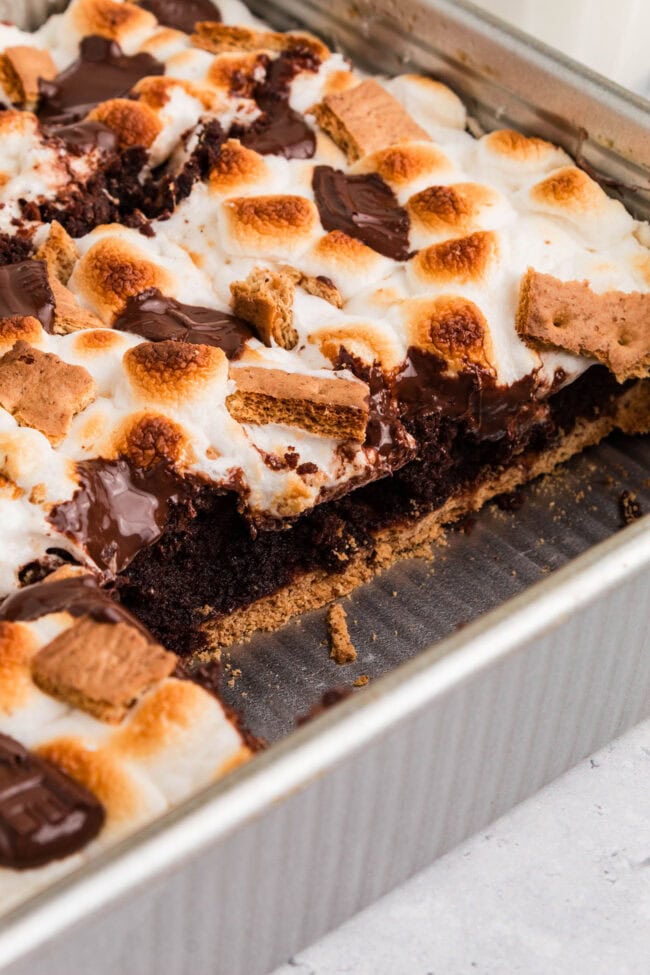 pan of brownies with one serving removed