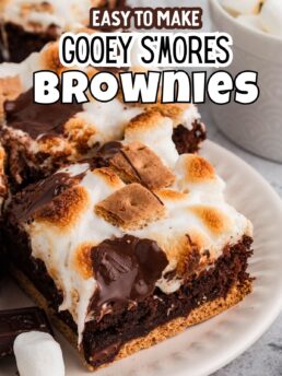 s’mores brownie on plate with toasted marshmallows and melted chocolate topping