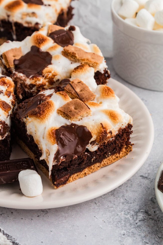 plate full of brownies with toasted marshmallows on top