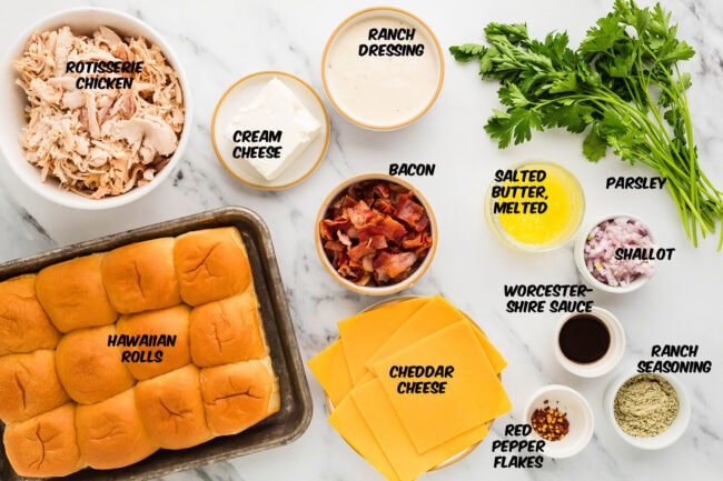 ingredients for cheesy chicken sliders with bacon on a counter