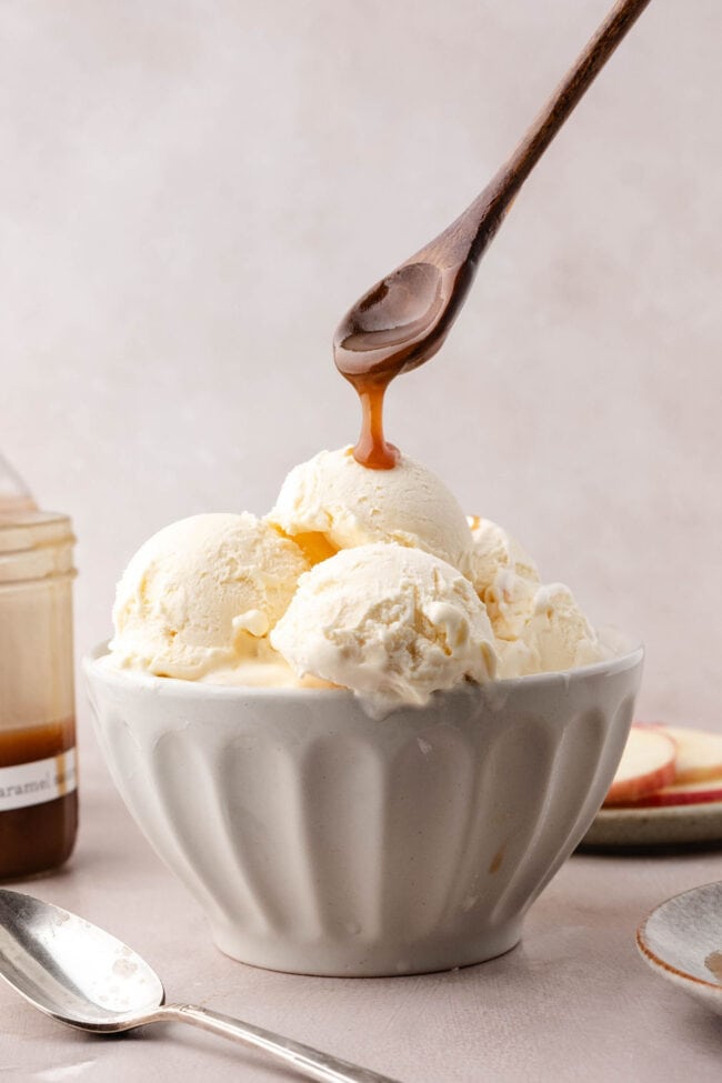 Salted apple cider caramel sauce drizzled over vanilla ice cream.