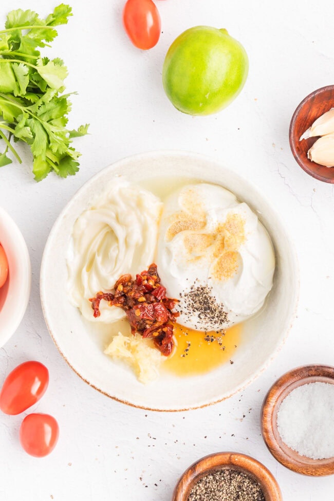 Mixing sour cream, mayonnaise, chipotle peppers, garlic, lime juice, honey, and seasonings to make creamy Southwest sauce.