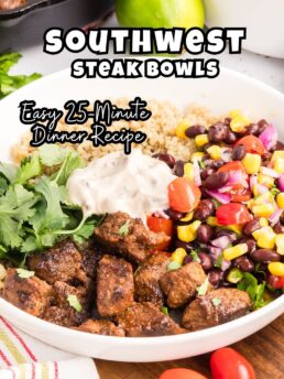 Southwest steak bowl served with juicy sirloin steak, rice, fresh vegetables, creamy Southwest sauce, and a wedge of lime.