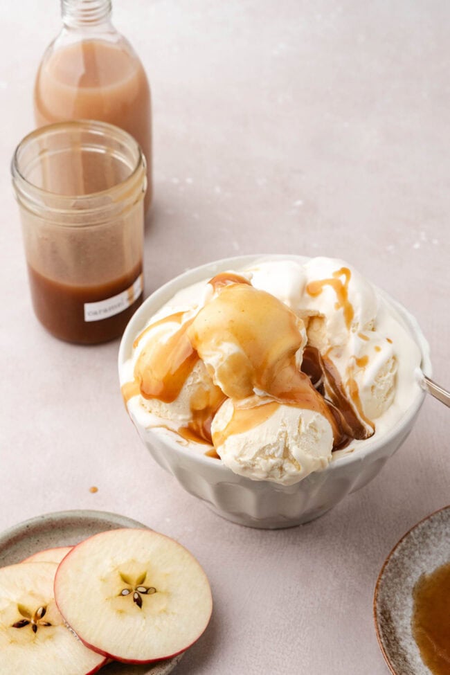 Vanilla ice cream topped with homemade apple cider caramel sauce.