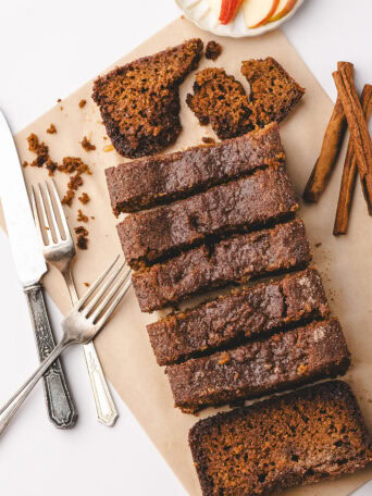 Sliced Apple Cider Bread with cinnamon sugar topping and apple cider glaze