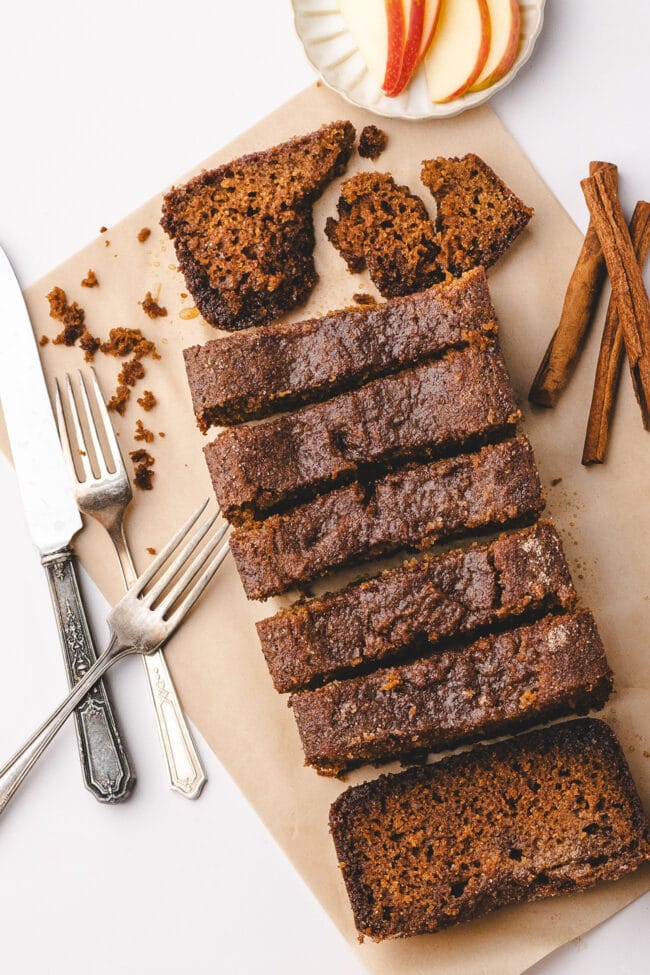 Sliced Apple Cider Bread with cinnamon sugar topping and apple cider glaze