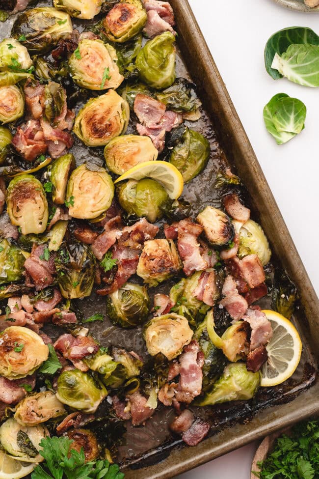 Maple bacon Brussels sprouts roasted with crispy bacon and caramelized edges