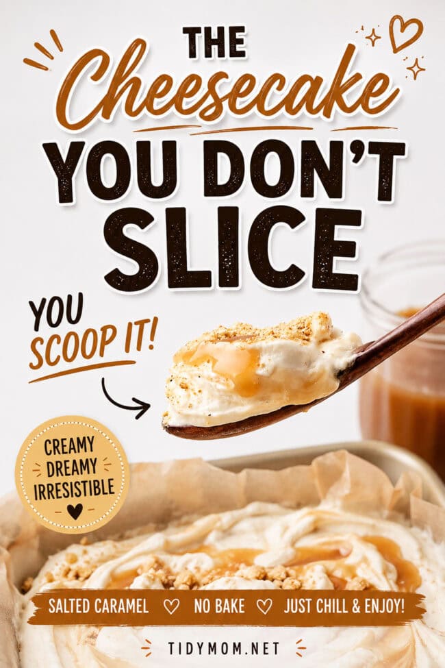 scoopable cheese cake in a spoon over a pan of salted caramel dessert